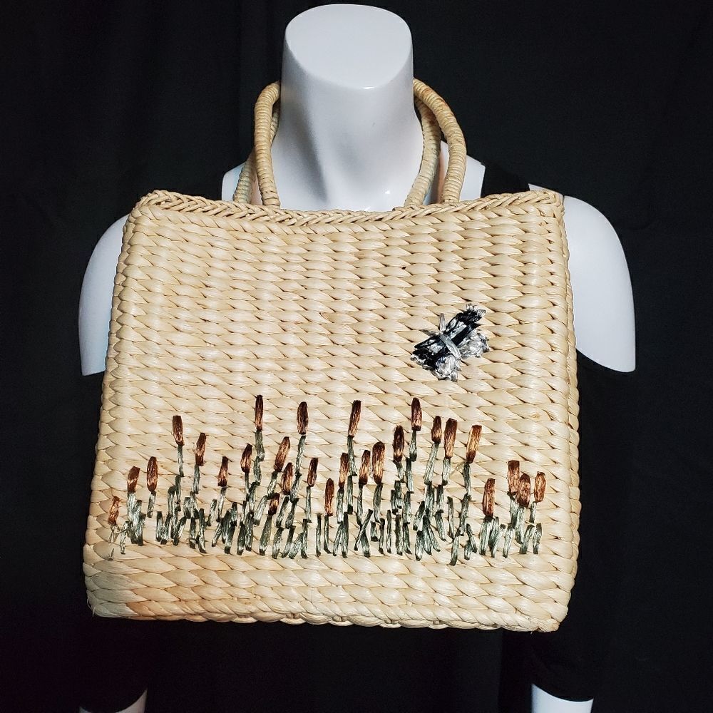 Woven Basket Bag with Butterfly & Cattails Design